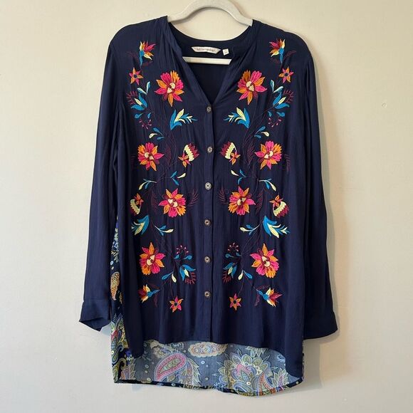 Soft Surroundings Blue Floral Tunic Top Embroidered Button Down Mix Media Small - Picture 2 of 9